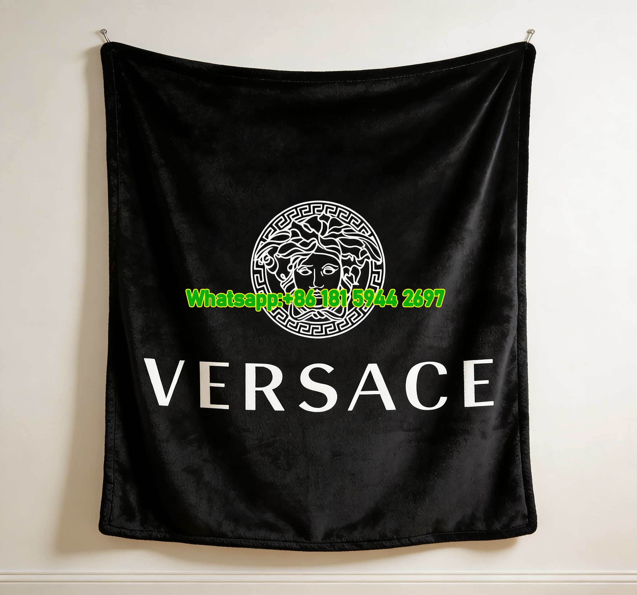 Versace Black White Medusa Greek Key Logo Printed Flannel Throw Blanket IMG_1282